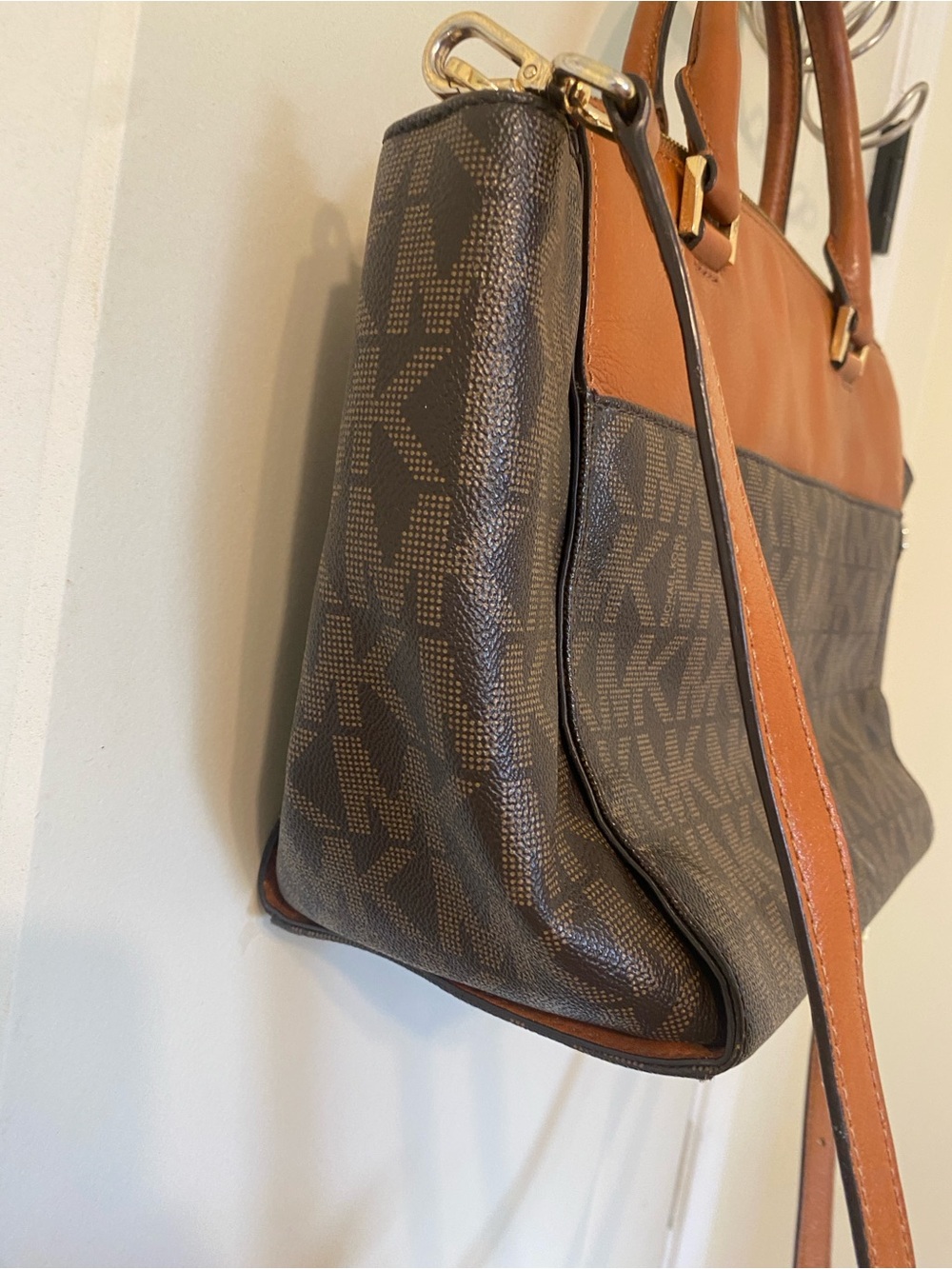 Michael Kors Brown & Tan MK Logo Satchel with Gold Accent - Picture 10 of 13